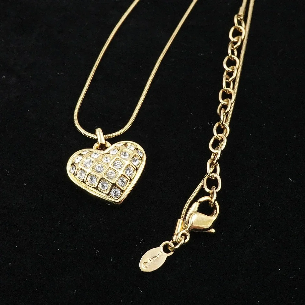 Vintage 90s Monet Rhinestone‎ Quilted Puffy Heart Gold Tone Necklace Snake Chain